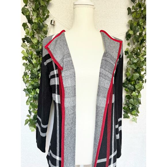 Anne Klein Cotton Acrylic Blend Black White Red Plaid Open Cardigan Sweater - Picture 4 of 12